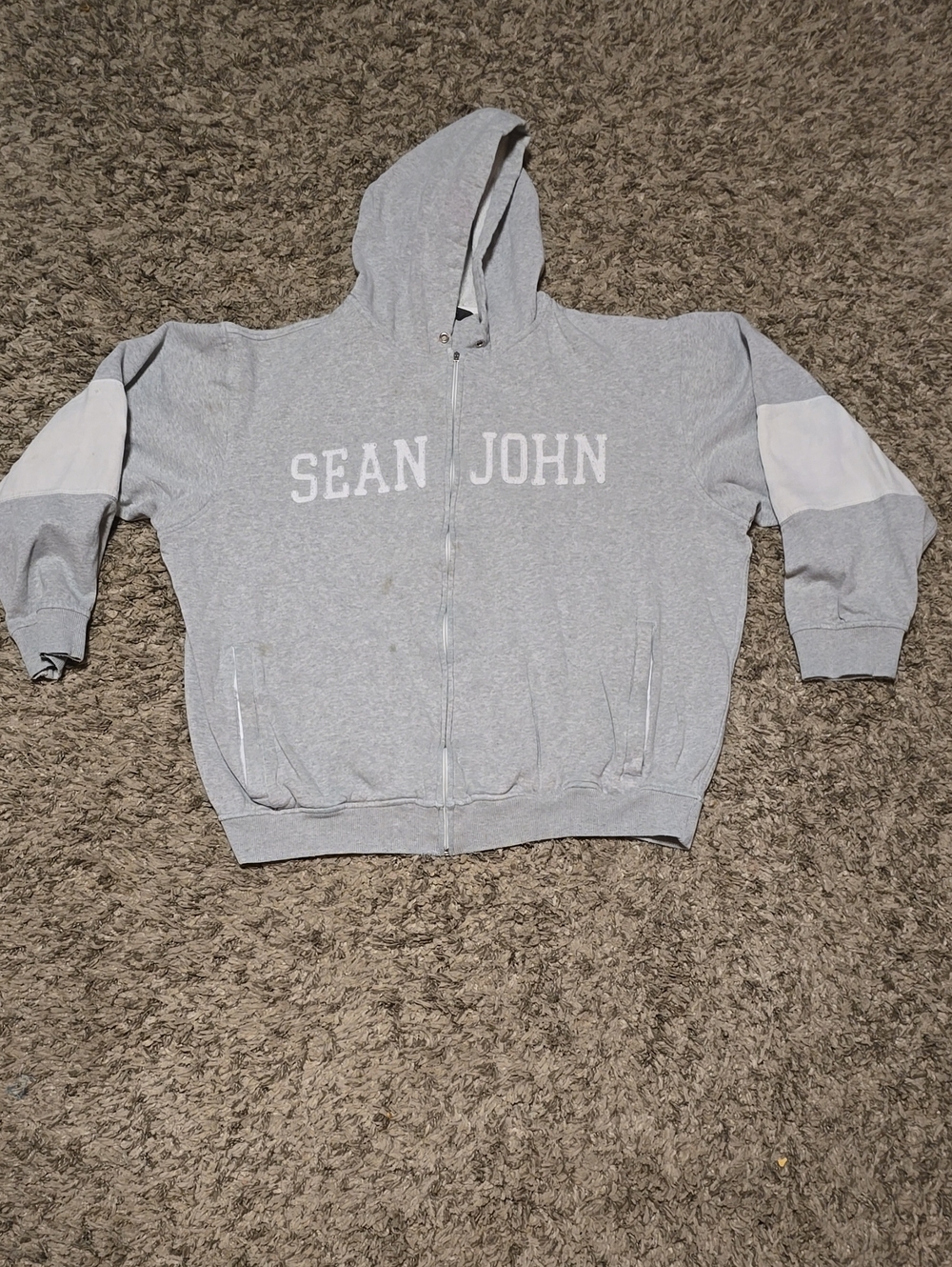 SeanJohn Light Gray Zip-Up Hoodie with White Sleeve Panels (Zipper Handle Broke)